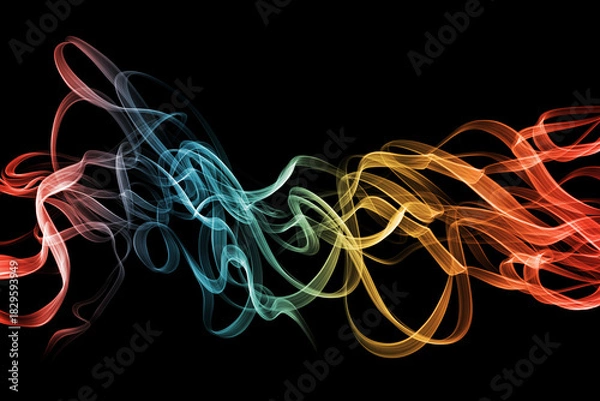 Fototapeta Colorful Abstract Smoke Wave Texture – Multicolor Ribbon Swirl Effect on Black Background for Digital Art, Overlays, Motion Graphics, Visual FX, Wallpaper, Branding Assets, and Creative Design Project