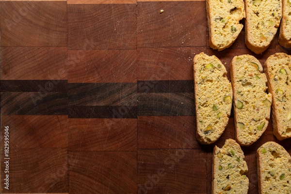 Fototapeta Freshly Baked Biscotti Grouped on Right with Large Copy Space