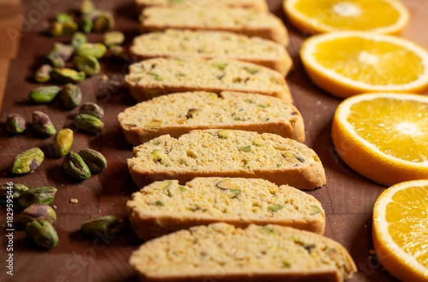 Fototapeta Gourmet, homemade pistachio and orange zest biscotti cookies, arranged with pistachio nuts and orange slices on a wood cutting board