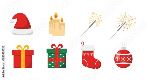 Fototapeta A collection of various festive Christmas items and holiday decorations on a white background, including gifts, candles, and a Santa hat.