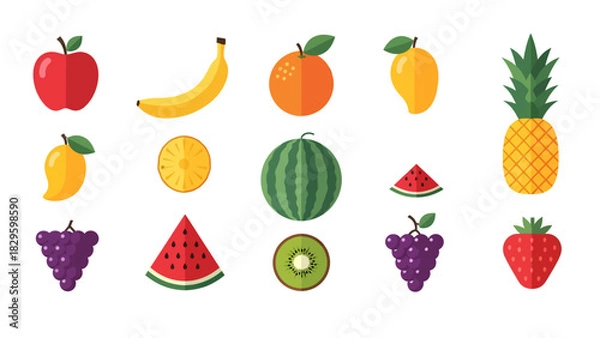 Fototapeta Illustration of various fruits including apples, bananas, grapes, and watermelon.