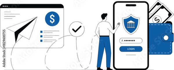 Fototapeta Secure Mobile Banking and Digital Transaction Vector Illustration with User Logging In, Security Shield, Payment Confirmation, and Money Transfer Concept.