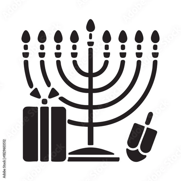 Obraz Hanukkah Icons Set with Menorah, Dreidel, and Gift Box