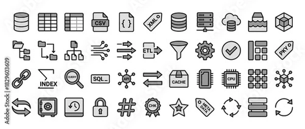 Fototapeta Data management solid icon set. containing database, csv, xml, e