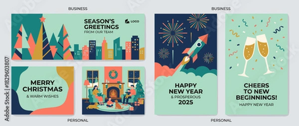 Fototapeta Holiday greeting cards solid icon set. containing christmas, new