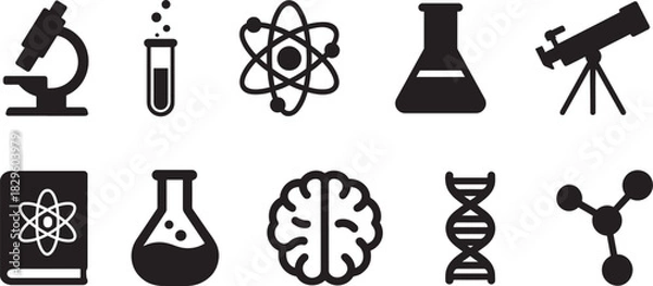 Fototapeta Silhouette science set icons featuring lab tools, atoms, formulas, experiments, and research symbols.