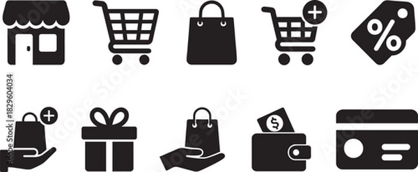 Fototapeta Silhouette shopping set icons featuring cart, bag, basket, tag, store, and payment symbols.