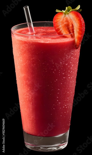 Obraz Refreshing strawberry smoothie in a clear glass with fresh sliced strawberry and condensation drops, vibrant red fruity drink against black background, natural summer beverage close-up
