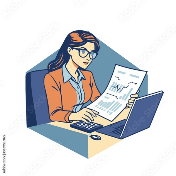 Fototapeta A woman in glasses intently studies financial charts and graphs at her desk with a laptop and calculator.