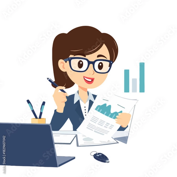 Fototapeta A smiling businesswoman with glasses is analyzing financial reports and data in the office.