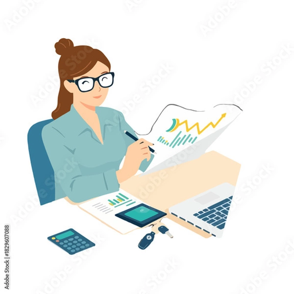 Fototapeta Woman analyzing financial data with laptop, tablet, calculator, and documents.