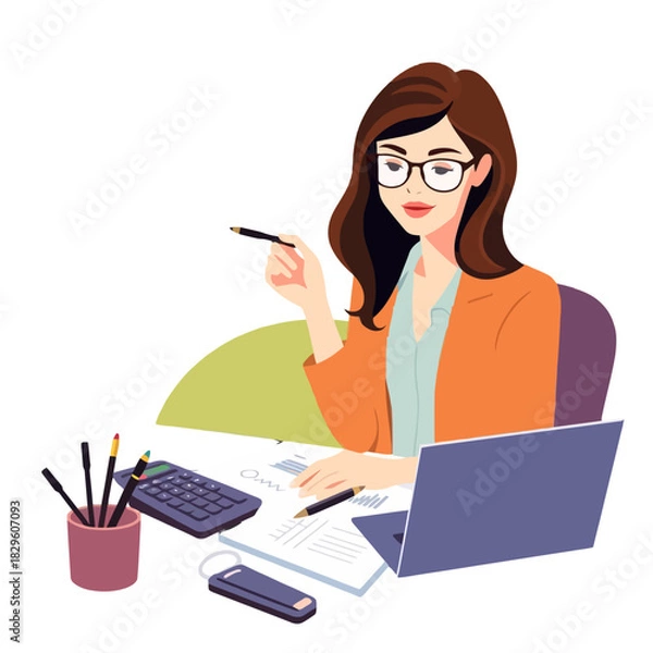 Fototapeta A professional woman with glasses working at her office desk with a laptop, calculator, and documents, depicted in a flat vector illustration style.