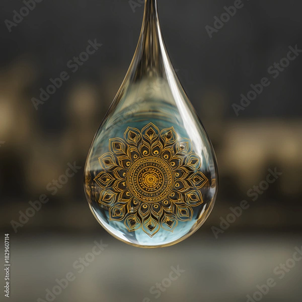 Obraz Golden ornamental mandala inside a crystal-clear droplet, intricate sacred pattern suspended in transparent glass, elegant spiritual symbol with soft blurred background, luxurious decorative artwork
