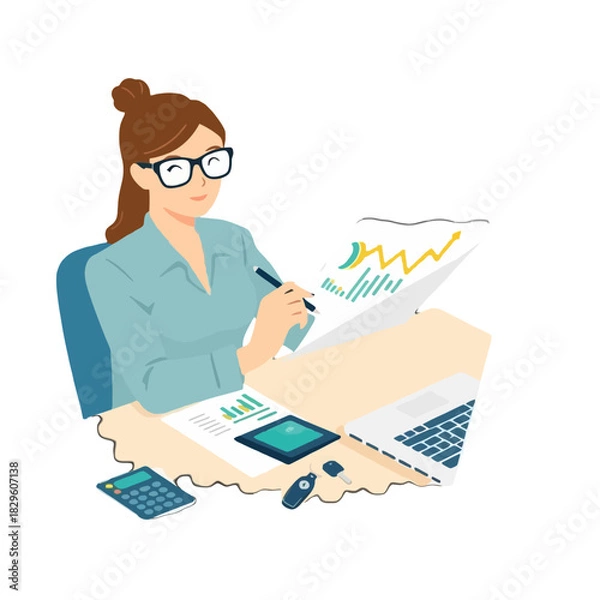 Fototapeta A woman with glasses analyzing financial data on paper and a tablet at her desk.