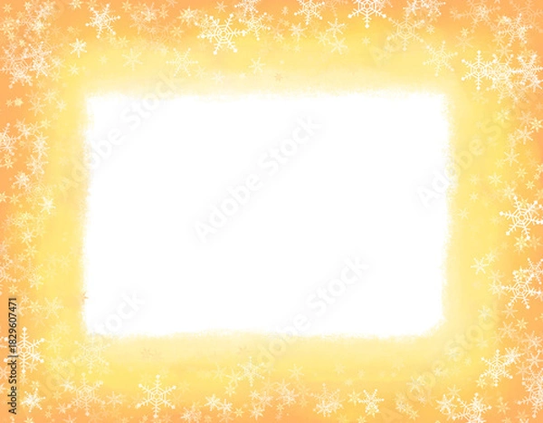 Obraz 雪の結晶とオレンジの水彩枠、季節の背景素材