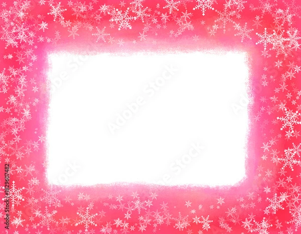 Obraz 雪の結晶と赤の水彩枠、季節の背景素材