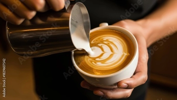 Fototapeta artisan barista creating intricate latte art with frothy coffee in a cozy cafe