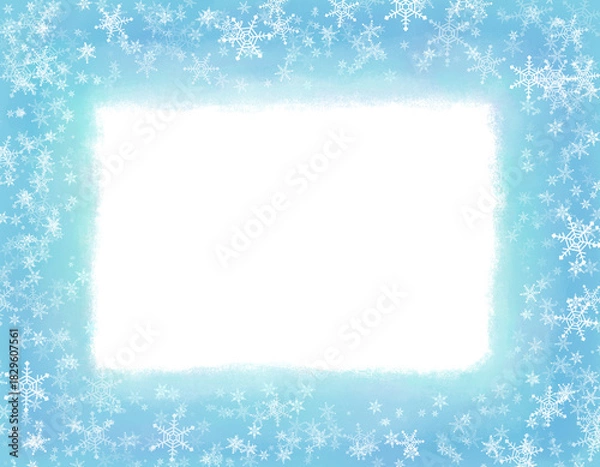 Obraz 雪の結晶と水色の水彩枠、季節の背景素材