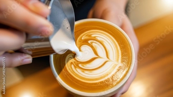 Fototapeta artistic latte art creation featuring smooth milk pour with intricate swirl