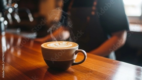Fototapeta Steaming hot coffee with latte art in a cozy caf? setting highlighting
