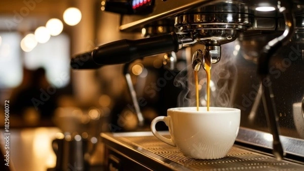Fototapeta Freshly Brewed Espresso Coffee Stream Pouring into a White Mug in a Coffee