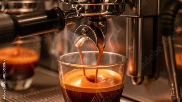 Fototapeta Close-up of espresso being brewed through an industrial coffee machine