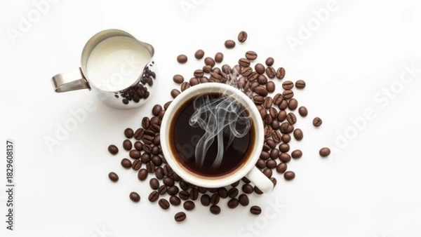 Fototapeta Aromatic coffee cup surrounded by roasted beans and a small pitcher of milk on