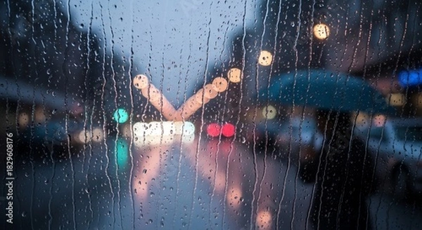 Fototapeta Rain droplets glistening on window blurred city background soft pastel colors creating moody atmosphere