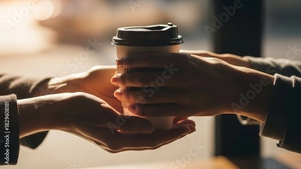 Fototapeta two hands exchanging a paper coffee cup in a warm indoor setting