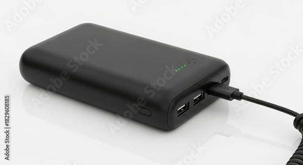 Fototapeta Portable black power bank resting neatly on pristine white clean surface modern tech essential accessory