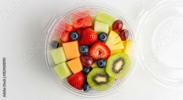 Obraz Plastic container filled with fresh fruit salad visible from top view colorful healthy snack option