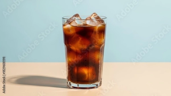 Fototapeta Refreshing cold cola beverage served in a clear glass with ice cubes on a