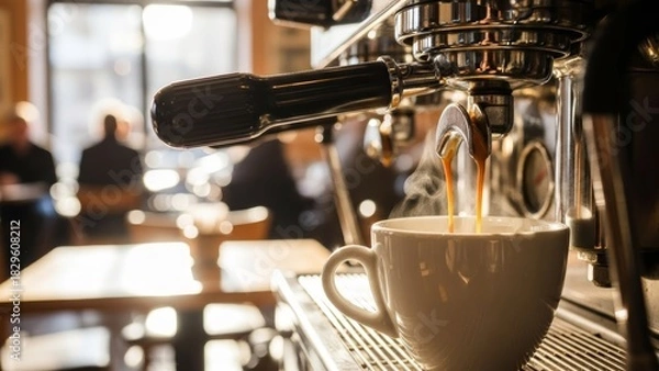 Fototapeta Close-up of espresso machine brewing a fresh cup of coffee in a cozy caf?