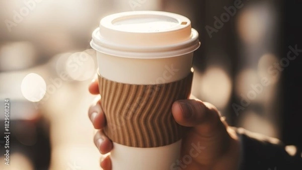 Fototapeta Close-up of a person holding a takeaway coffee cup on a sunny day with bokeh