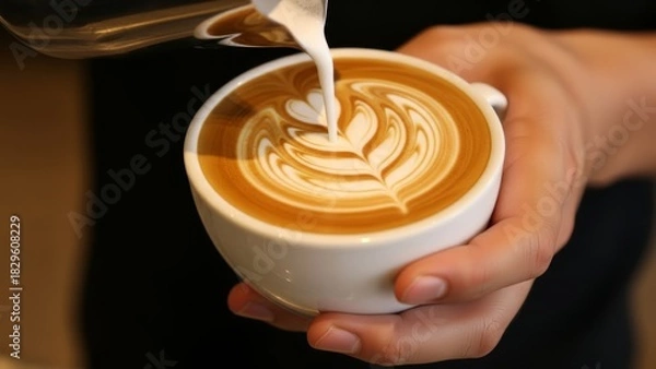 Fototapeta artistic coffee latte with intricate heart-shaped foam design and creamy pouring