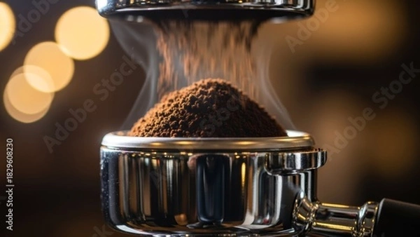 Fototapeta close-up view of freshly ground coffee beans falling into a shiny steel coffee