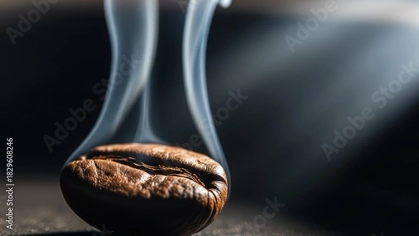 Fototapeta Close-up of aromatic roasted coffee bean with steam rising in a warm inviting