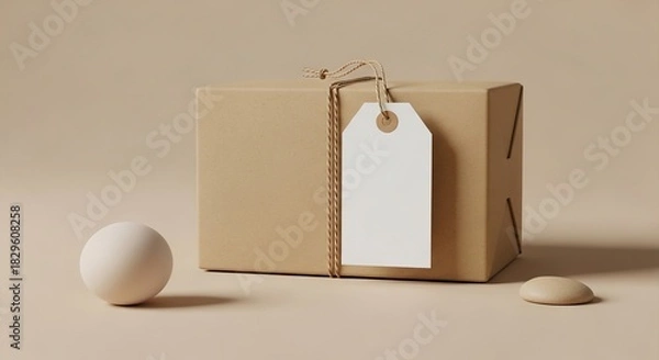 Obraz Kraft packaging mockup with attached paper tag string positioned perfectly on neutral minimal background