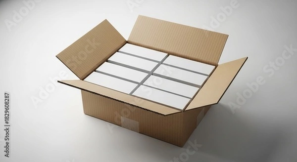 Obraz Cardboard box opened revealing organized folded business cards positioned on clean neutral background