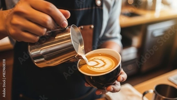 Fototapeta Barista pouring steamed milk into espresso to create latte art in a cozy