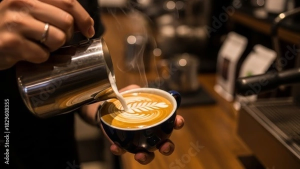 Fototapeta Artisan Barista Creating Beautiful Latte Art with Steaming Milk in Cozy Coffee