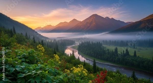 Obraz Mountain landscape enveloped in soft morning mist showcasing lush vegetation and vibrant natural colors
