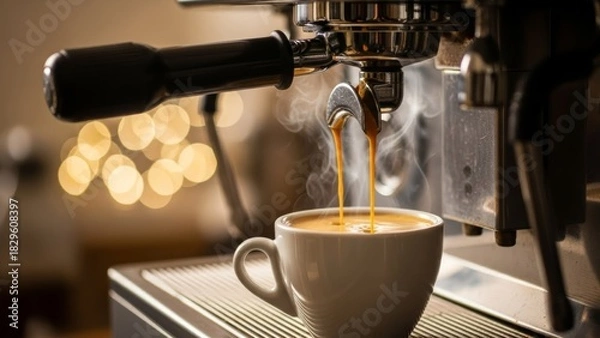 Fototapeta professional espresso brewing process with steaming coffee machine in warm