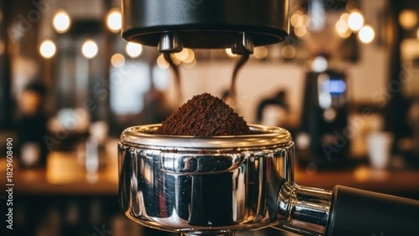 Fototapeta Close-up of freshly ground coffee beans fresh from an espresso machine in a