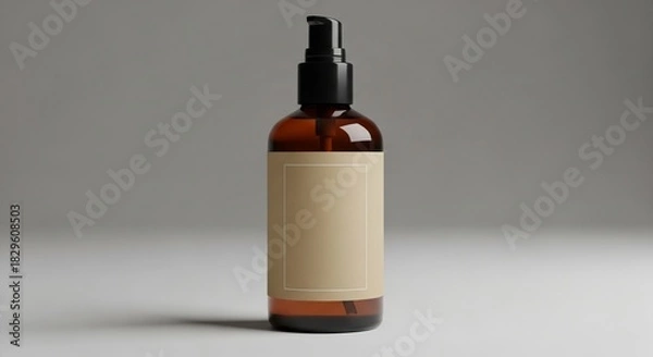 Fototapeta Matte label mockup applied perfectly to amber glass cosmetic bottle on plain neutral presentation surface