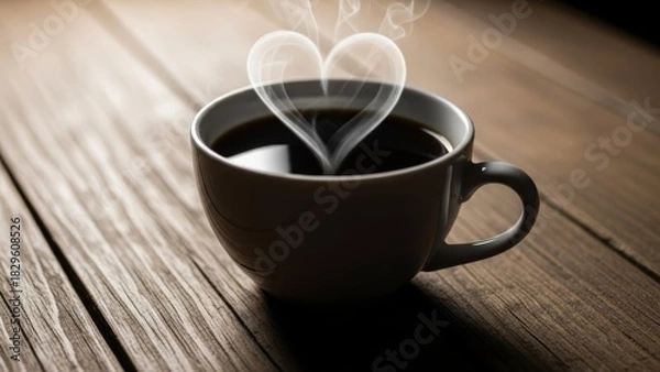 Fototapeta warm cozy coffee cup with heart-shaped steam rising in a rustic setting
