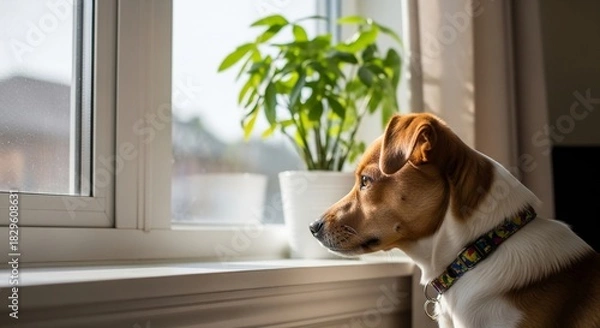 Obraz Little dog curiously peering out window bathed in warm sunlight homey plants soft background scene