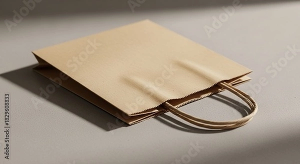 Obraz Folded craft paper bag with stylish twisted handles resting elegantly on smooth neutral textured surface