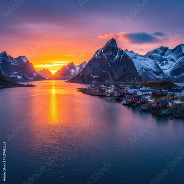 Obraz Lofoten Islands: Serene sunset over Reine village with dramatic mountain peaks reflection