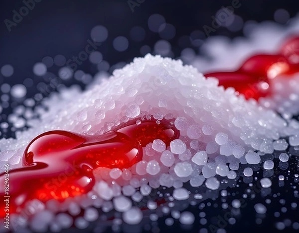 Fototapeta Pile of white sugar turning gradually into red liquid drop shapes, visually symbolizing diabetes. Strong contrast, polished medical aesthetic, macro texture detail, poetic yet scientific